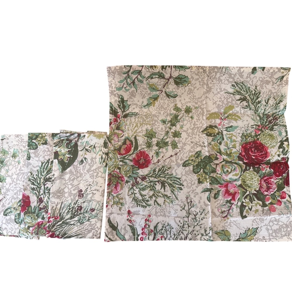 April Cornell Floral Cotton Napkins Set of 4 Red Green Botanical Cream 15.5in